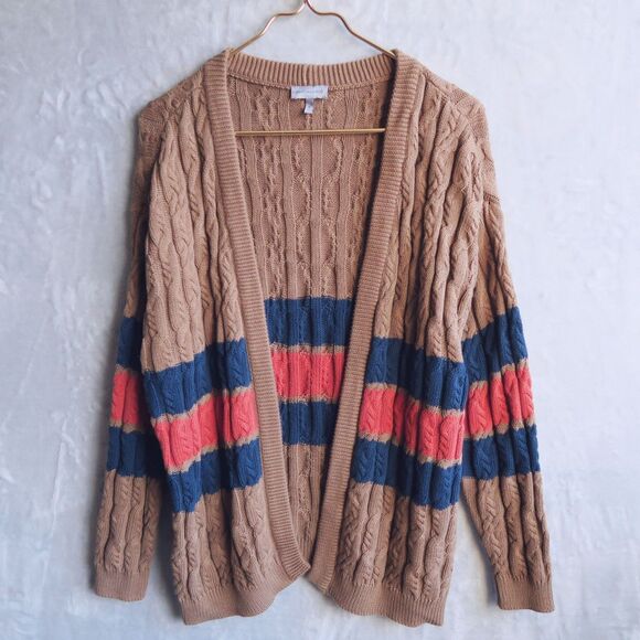 ANTHROPOLOGIE Brown Cable Knit Cardigan Size M/L Longline Varsity Stripes Preppy - Picture 4 of 11